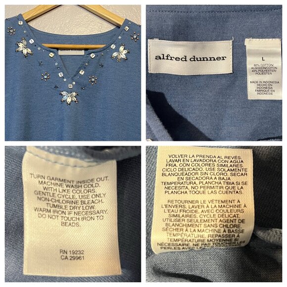 Alfred Dunner Women Blue Embellished Sequin Neckline 3/4 Sleeve Top L  Popover - Picture 8 of 14